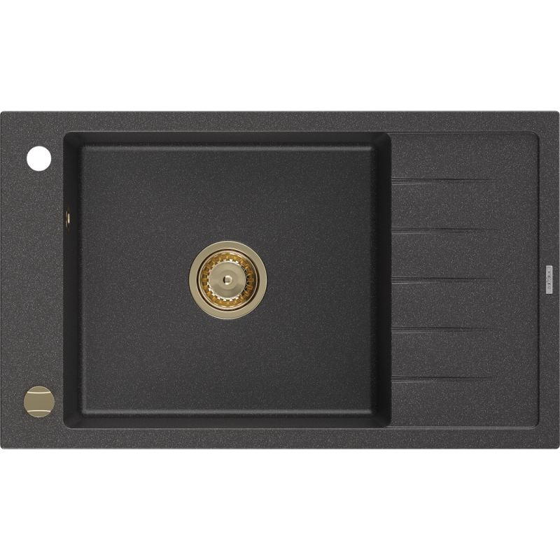 Mexen Elias zlewozmywak granitowy 1-komorowy z ociekaczem 795 x 480 mm, czarny nakrapiany, syfon złoty - 6511791005-76-G