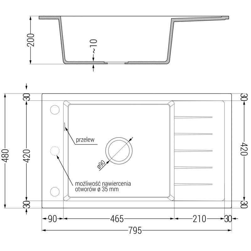 Mexen Elias zlewozmywak granitowy 1-komorowy z ociekaczem 795 x 480 mm, biały, syfon czarny - 6511791005-20-B