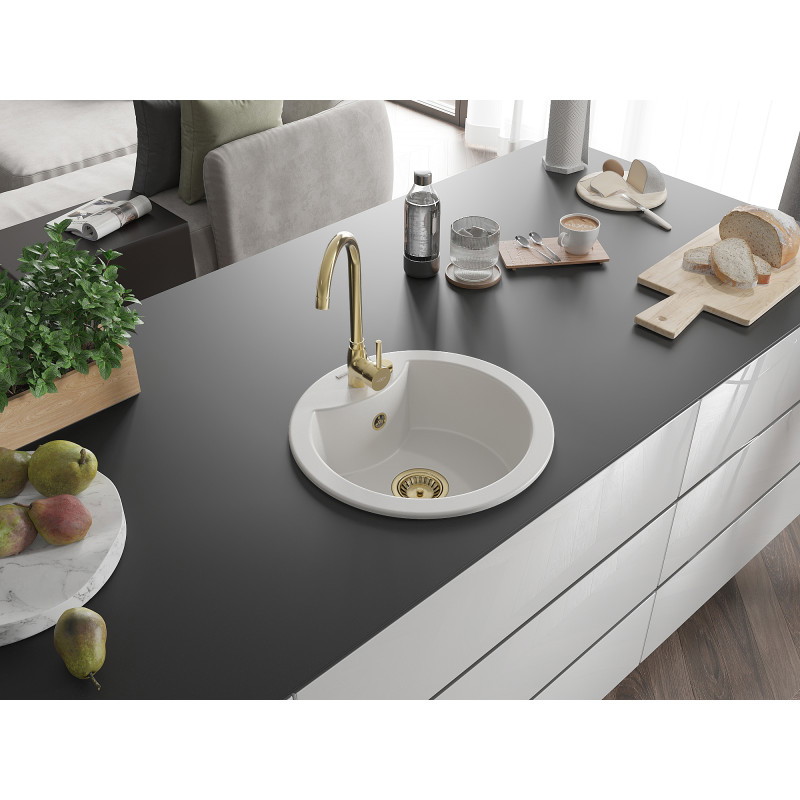 Mexen Diego zlewozmywak granitowy 1-komorowy 488 x 480 mm, biały, syfon złoty - 6512481000-20-G