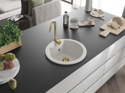 Mexen Diego zlewozmywak granitowy 1-komorowy 488 x 480 mm, biały, syfon złoty - 6512481000-20-G