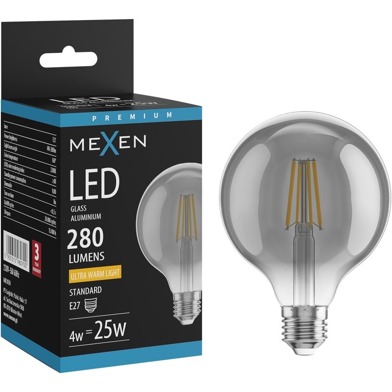Mexen Vintis żarówka filament LED E27, G95, 4W, Ciepła - 2200K, 280 lm, smoke - L157-E27-0422-70