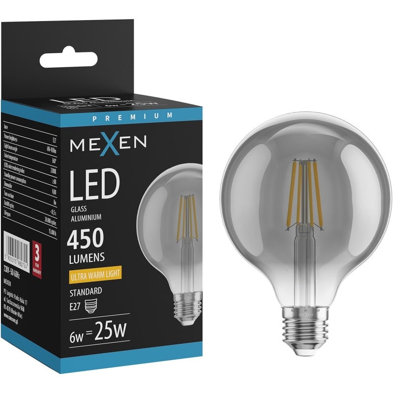 Mexen Vintis żarówka filament LED E27, G95, 6W, Ciepła - 2200K, 450 lm, smoke - L157-E27-0622-70