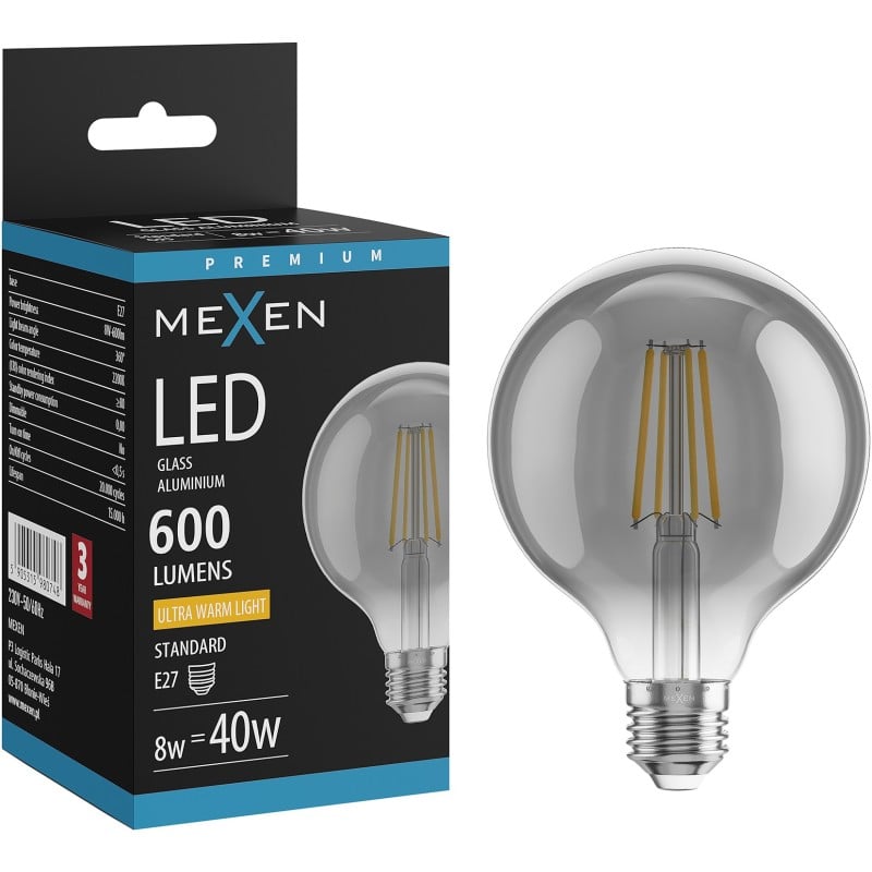 Mexen Vintis żarówka filament LED E27, G95, 8W, Ciepła - 2200K, 600 lm, smoke - L157-E27-0822-70