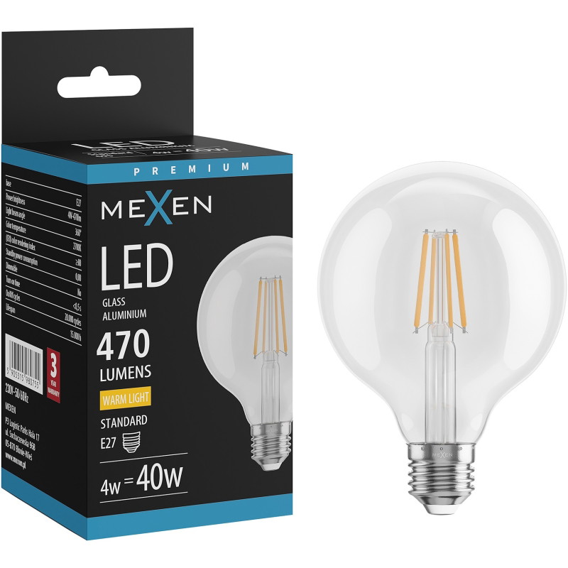 Mexen Vintis żarówka filament LED E27, G95, 4W, Ciepła - 2700K, 470 lm, clear - L157-E27-0427-00