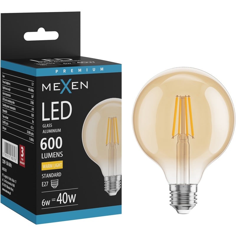 Mexen Vintis żarówka filament LED E27, G95, 6W, Ciepła - 2700K, 600 lm, amber - L157-E27-0627-50