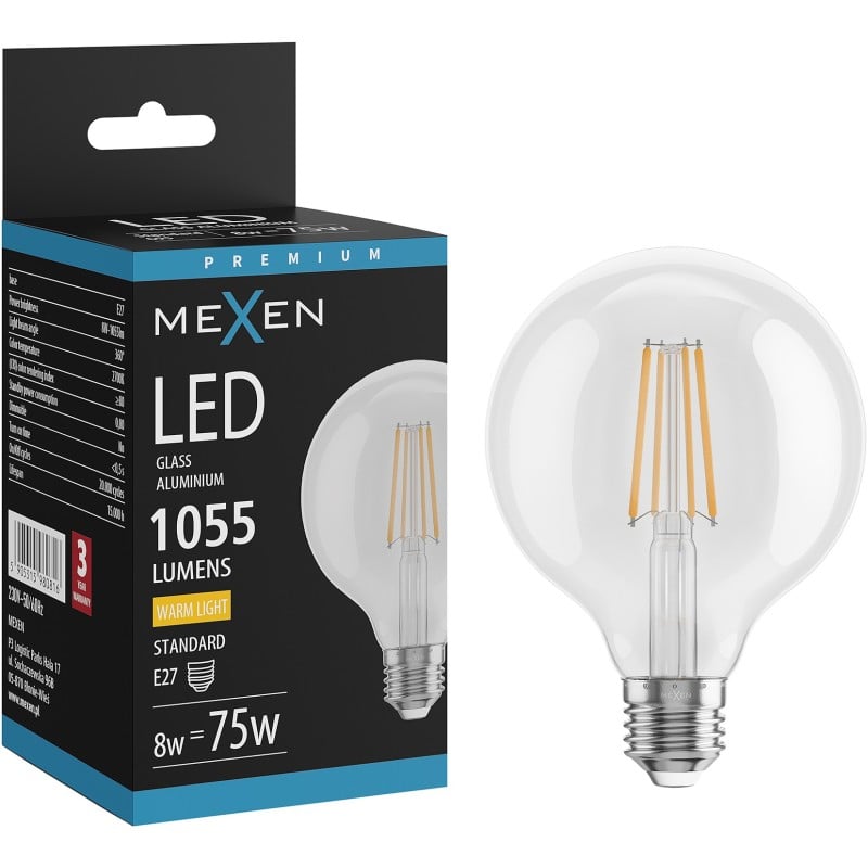 Mexen Vintis żarówka filament LED E27, G95, 8W, Ciepła - 2700K, 1055 lm, clear - L157-E27-0827-00