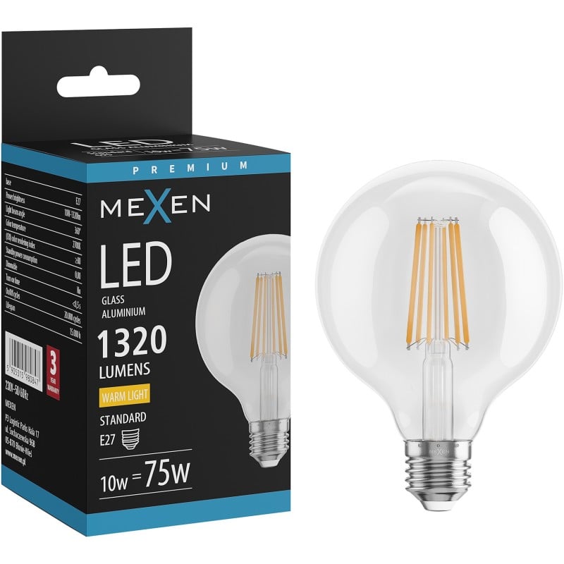 Mexen Vintis żarówka filament LED E27, G95, 10W, Ciepła - 2700K, 1320 lm, clear - L157-E27-1027-00
