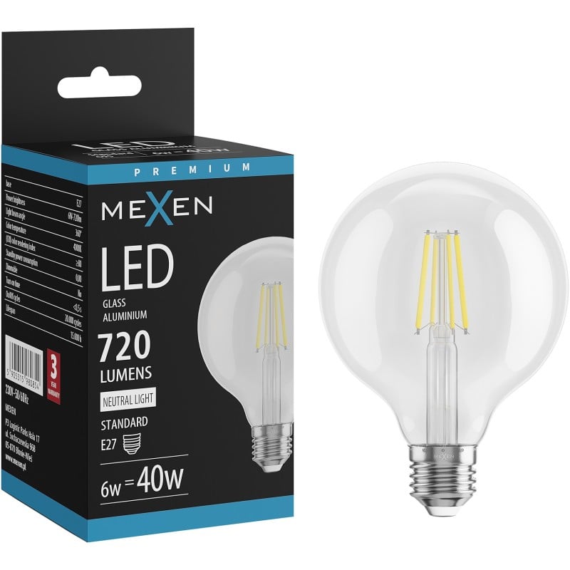 Mexen Vintis żarówka filament LED E27, G95, 6W, Neutralna - 4000K, 720 lm, clear - L157-E27-0640-00