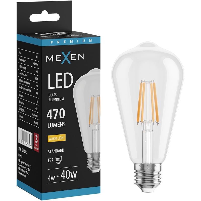 Mexen Vintis żarówka filament LED E27, ST64, 4W, Ciepła - 2200K, 470 lm, clear - L152-E27-0422-00