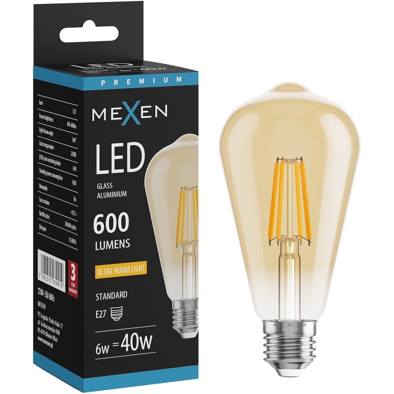 Mexen Vintis żarówka filament LED E27, ST64, 6W, Ciepła - 2200K, 600 lm, amber - L152-E27-0622-50