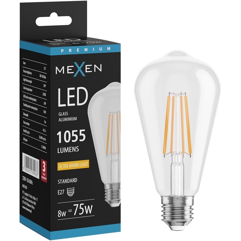 Mexen Vintis żarówka filament LED E27, ST64, 8W, Ciepła - 2200K, 1055 lm, clear - L152-E27-0822-00