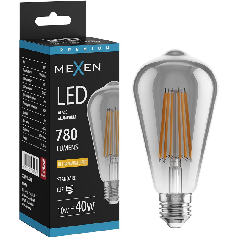 Mexen Vintis żarówka filament LED E27, ST64, 10W, Ciepła - 2200K, 780 lm, smoke - L152-E27-1022-70