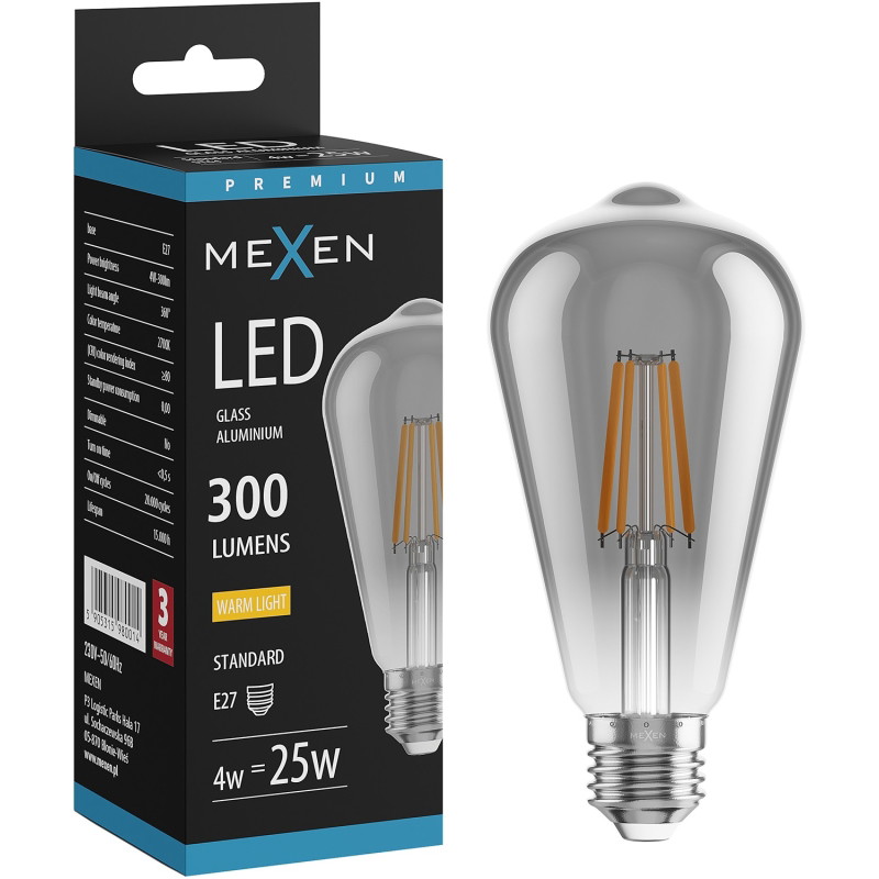 Mexen Vintis żarówka filament LED E27, ST64, 4W, Ciepła - 2700K,  300 lm, smoke - L152-E27-0427-70