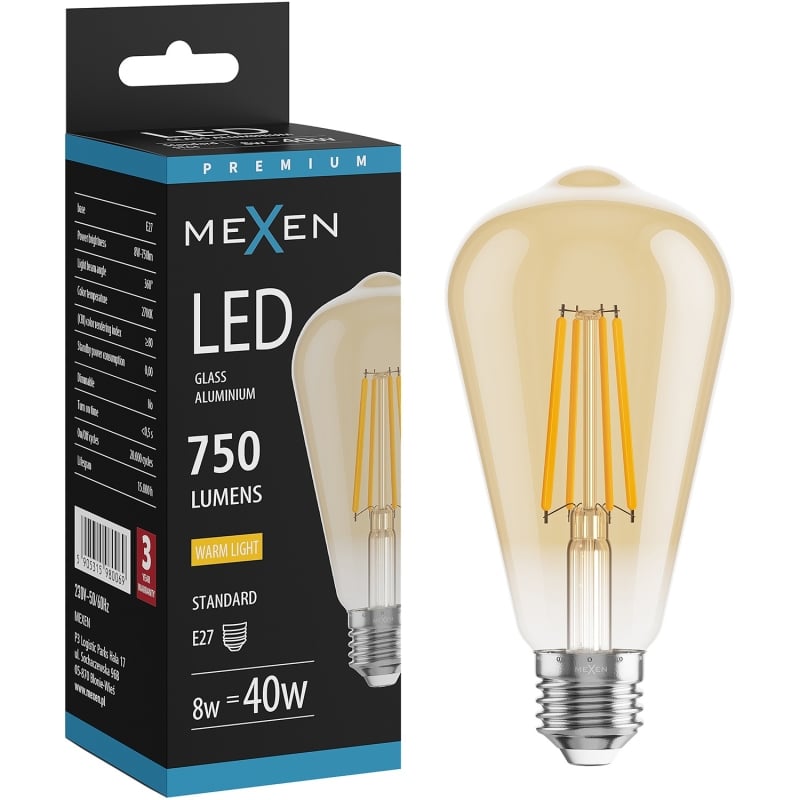 Mexen Vintis żarówka filament LED E27, ST64, 8W, Ciepła - 2700K, 750 lm, amber - L152-E27-0827-50