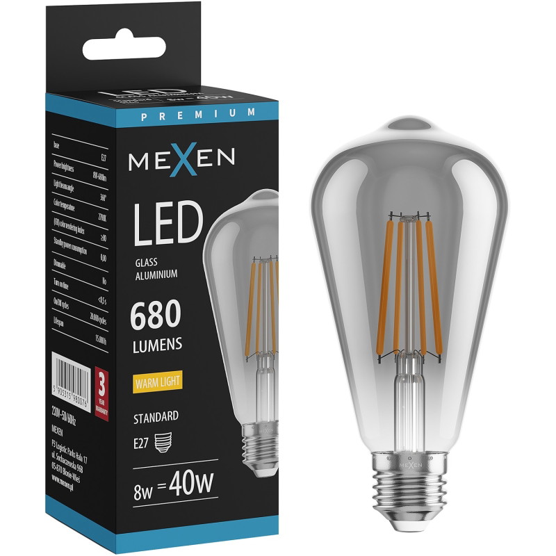 Mexen Vintis żarówka filament LED E27, ST64, 8W, Ciepła - 2700K, 680 lm, smoke - L152-E27-0827-70