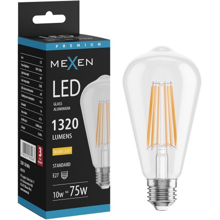 Mexen Vintis żarówka filament LED E27, ST64, 10W, Ciepła - 2700K, 1320 lm, clear - L152-E27-1027-00
