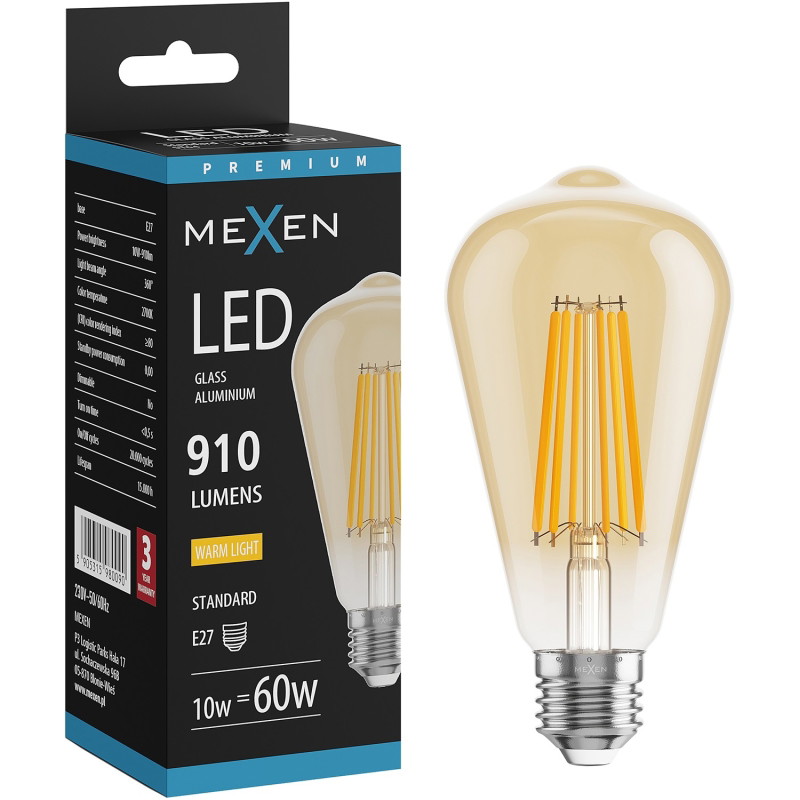 Mexen Vintis żarówka filament LED E27, ST64, 10W, Ciepła - 2700K, 910 lm, amber - L152-E27-1027-50