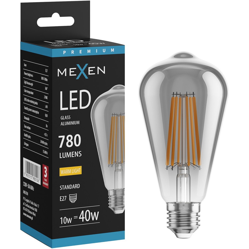 Mexen Vintis żarówka filament LED E27, ST64, 10W, Ciepła - 2700K, 780 lm, smoke - L152-E27-1027-70