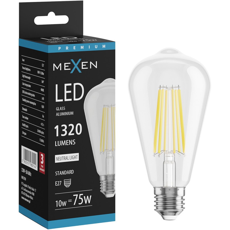 Mexen Vintis żarówka filament LED E27, ST64, 10W, Neutralna - 4000K, 1320 lm, clear - L152-E27-1040-00