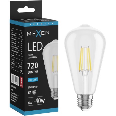 Mexen Vintis żarówka filament LED E27, ST64, 6W, Zimna - 6500K, 720 lm, clear - L152-E27-0665-00