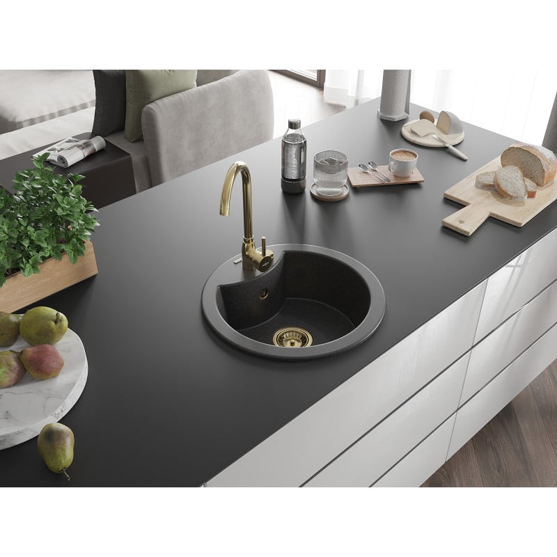 Mexen Diego zlewozmywak granitowy 1-komorowy 488 x 480 mm,  czarny nakrapiany, syfon złoty - 6512481000-76-G