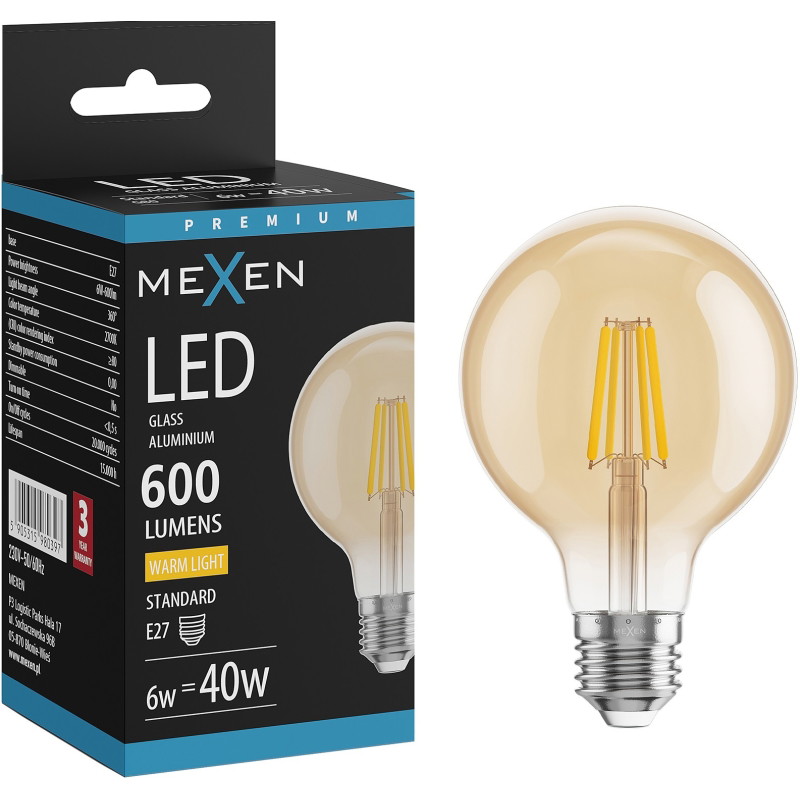 Mexen Vintis żarówka filament LED E27, G80, 6W, Ciepła - 2700K, 400 lm, amber - L155-E27-0627-50