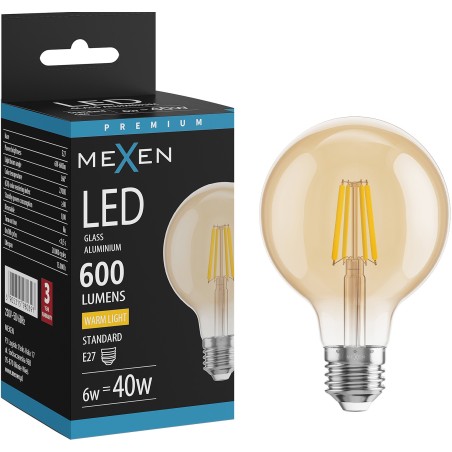 Mexen Vintis żarówka filament LED E27, G80, 6W, Ciepła - 2700K, 400 lm, amber - L155-E27-0627-50