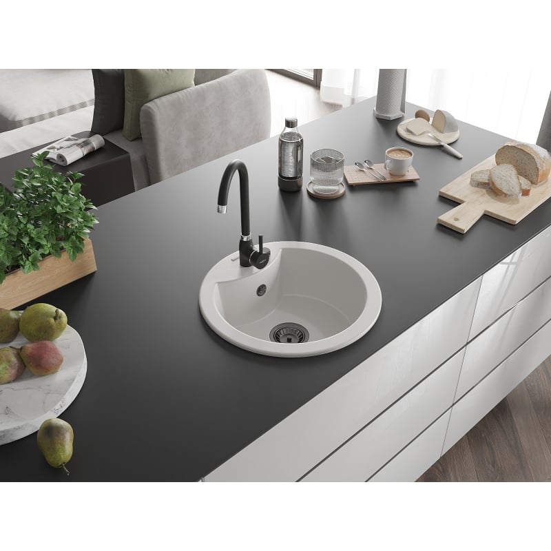 Mexen Diego zlewozmywak granitowy 1-komorowy 488 x 480 mm, biały, syfon czarny - 6512481000-20-B