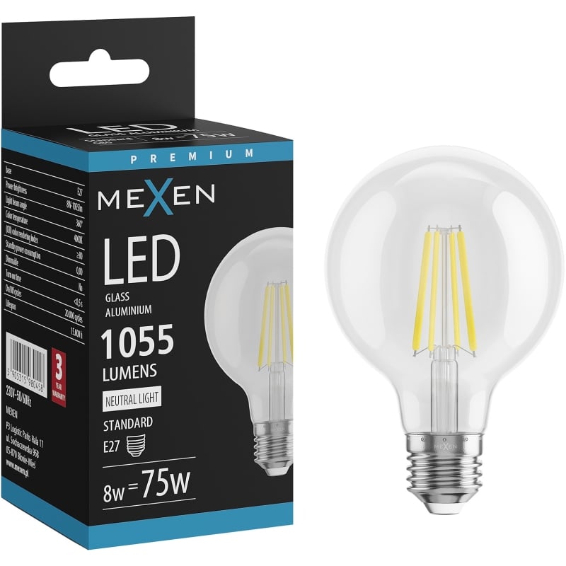 Mexen Vintis żarówka filament LED E27, G80, 8W, Neutralna - 4000K, 1055 lm, clear - L155-E27-0840-00