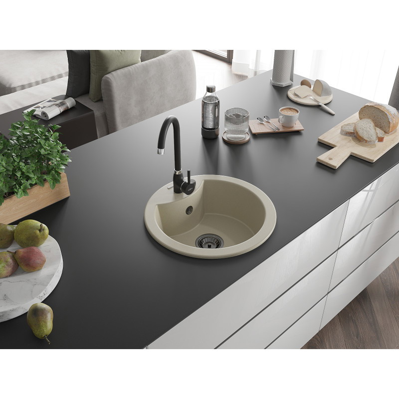 Mexen Diego zlewozmywak granitowy 1-komorowy 488 x 480 mm, beżowy, syfon czarny - 6512481000-69-B
