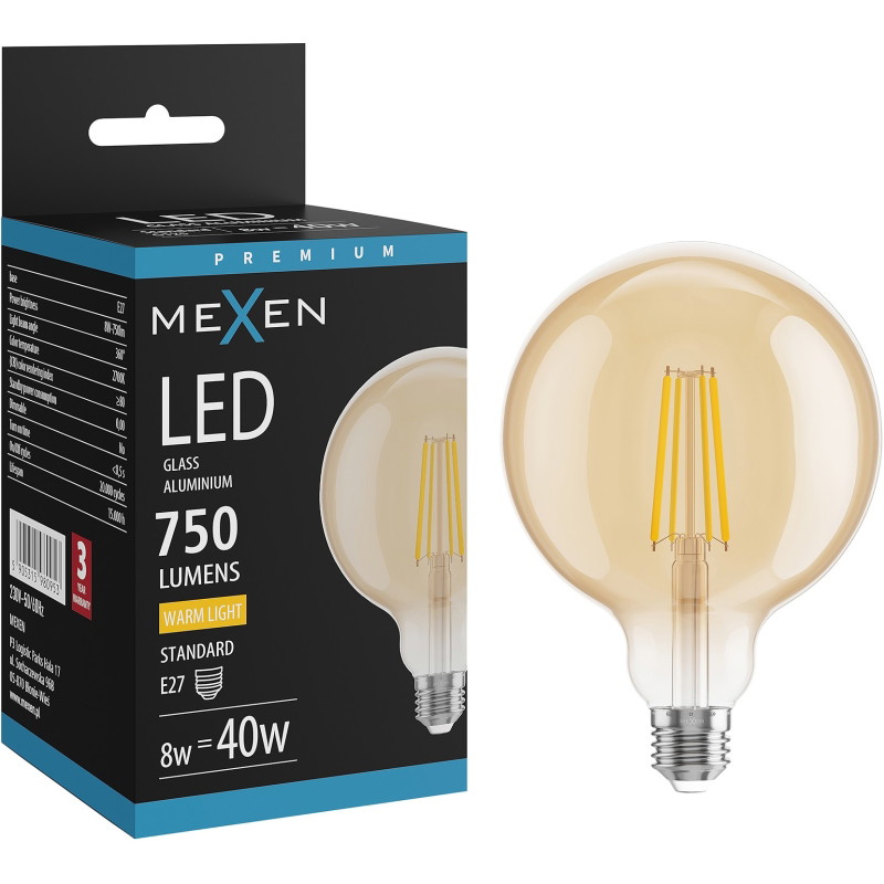 Mexen Vintis żarówka filament LED E27, G125, 8W, Ciepła - 2700K, 750 lm, amber - L158-E27-0827-50