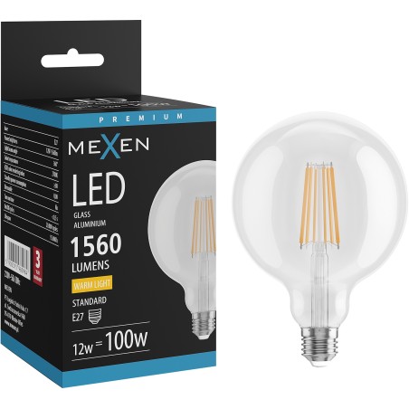 Mexen Vintis żarówka filament LED E27, G125, 12W, Ciepła - 2700K, 1560 lm, clear - L158-E27-1227-00