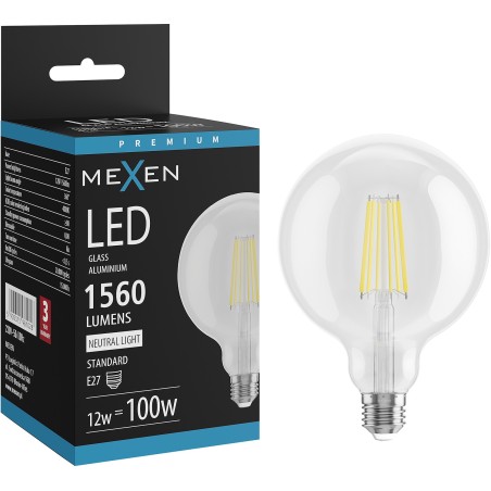 Mexen Vintis żarówka filament LED E27, G125, 12W, Neutralna - 4000K, 1560 lm, clear - L158-E27-1240-00