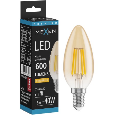 Mexen Vintis żarówka filament LED E14, C35, 6W, Ciepła - 2200K, 600 lm, amber - L154-E14-0622-50