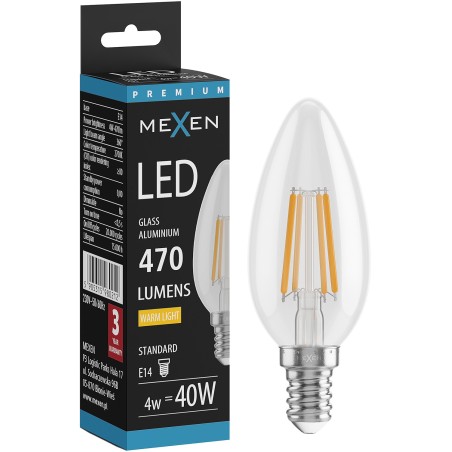 Mexen Vintis żarówka filament LED E14, C35, 4W, Ciepła - 2700K, 470 lm, clear - L154-E14-0427-00
