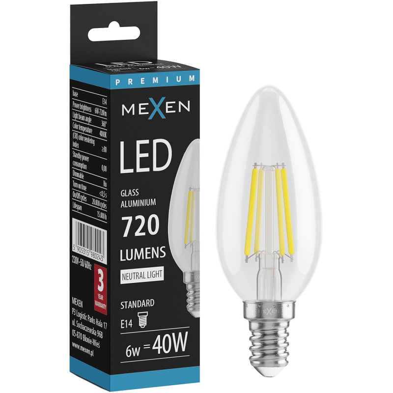 Mexen Vintis żarówka filament LED E14, C35, 6W, Neutralna - 4000K, 720 lm, clear - L154-E14-0640-00
