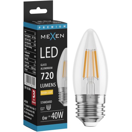 Mexen Vintis żarówka filament LED E27, C35, 6W, Ciepła - 2700K, 720 lm, clear - L154-E27-0627-00