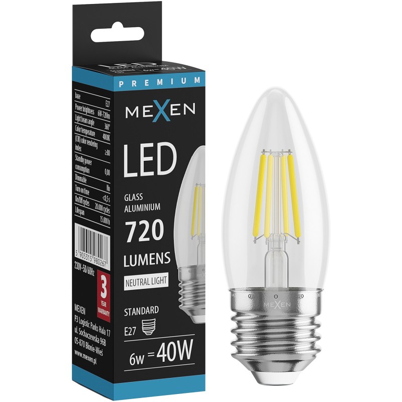 Mexen Vintis żarówka filament LED E27, C35, 6W, Neutralna - 4000K, 720 lm, clear - L154-E27-0640-00