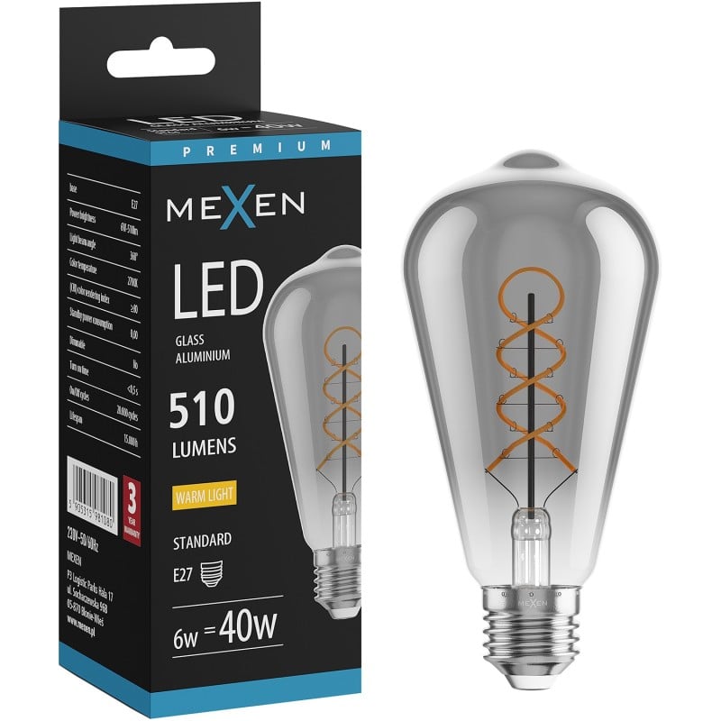 Mexen Vintis żarówka filament spirala LED E27, ST64, 6W, Ciepła - 2700K, 510 lm, smoke - L162-E27-0627-70