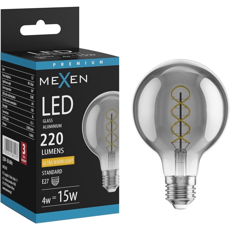 Mexen Vintis żarówka filament spirala LED E27, G80, 4W, Ciepła - 2200K, 220 lm, smoke - L165-E27-0422-70