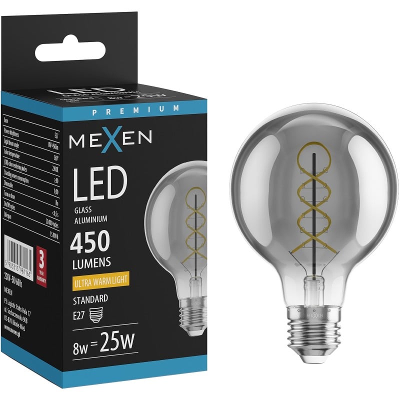 Mexen Vintis żarówka filament spirala LED E27, G80, 8W, Ciepła - 2200K, 450 lm, smoke - L165-E27-0822-70