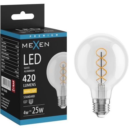 Mexen Vintis żarówka filament spirala LED E27, G80, 4W, Ciepła - 2700K, 420 lm, clear - L165-E27-0427-00