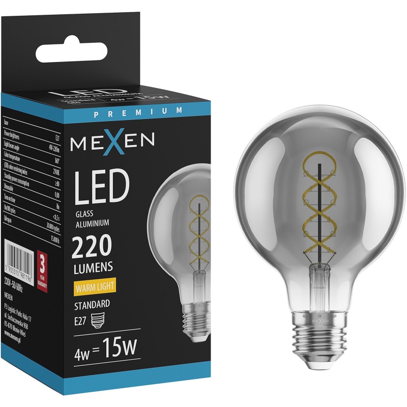Mexen Vintis żarówka filament spirala LED E27, G80, 4W, Ciepła - 2700K, 220 lm, smoke - L165-E27-0427-70