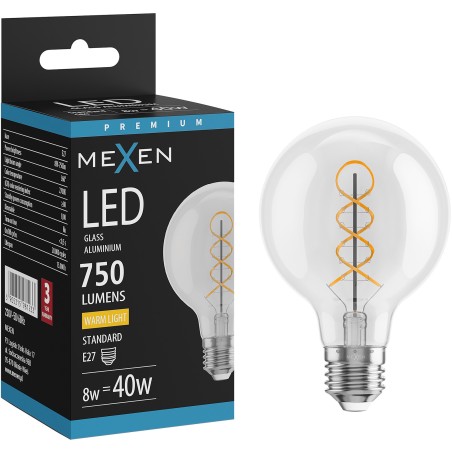 Mexen Vintis żarówka filament spirala LED E27, G80, 8W, Ciepła - 2700K, 750 lm, clear - L165-E27-0827-00