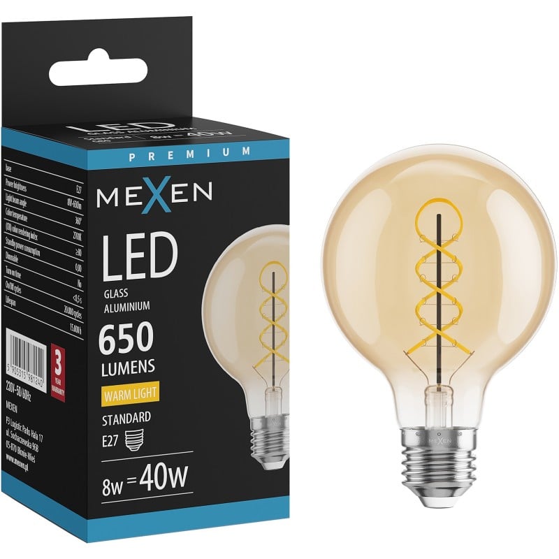Mexen Vintis żarówka filament spirala LED E27, G80, 8W, Ciepła - 2700K, 650 lm, amber - L165-E27-0827-50