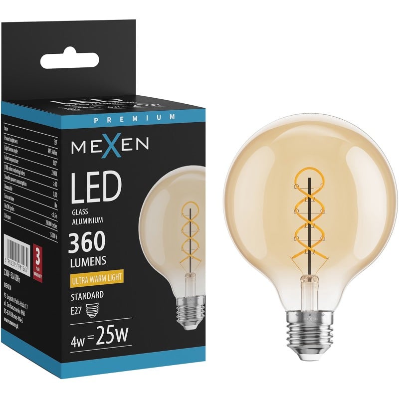 Mexen Vintis żarówka filament spirala LED E27, G95, 4W, Ciepła - 2200K, 360 lm, amber - L167-E27-0422-50