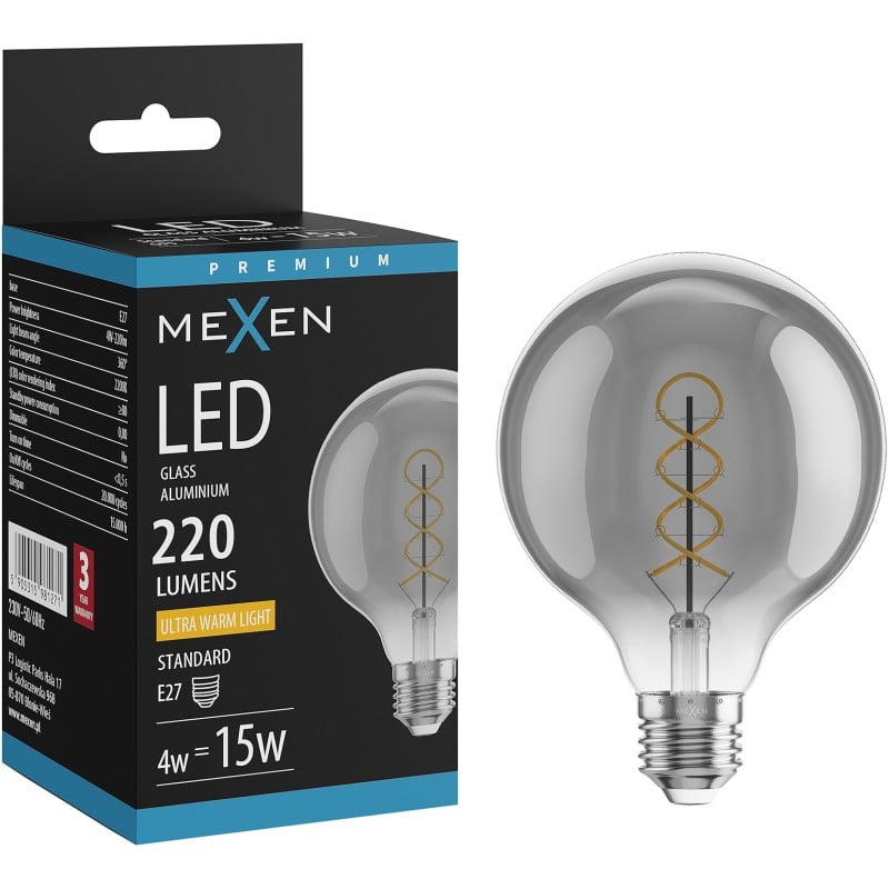 Mexen Vintis żarówka filament spirala LED E27, G95, 4W, Ciepła - 2200K, 220 lm, smoke - L167-E27-0422-70