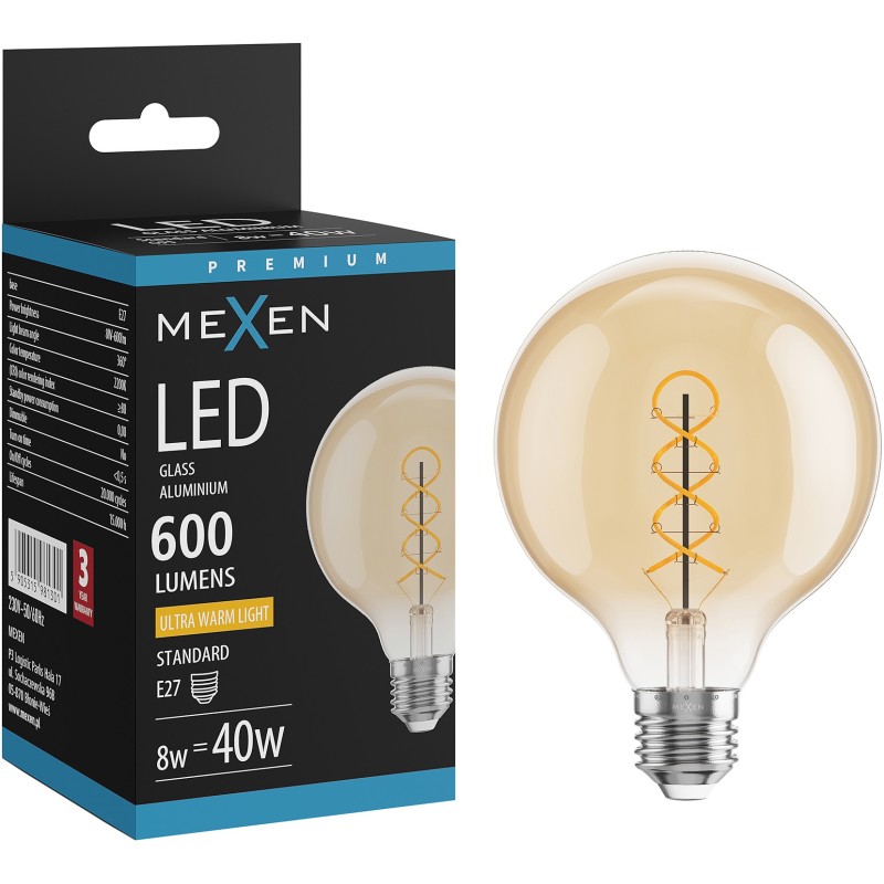 Mexen Vintis żarówka filament spirala LED E27, G95, 8W, Ciepła - 2200K, 600 lm, amber - L167-E27-0822-50