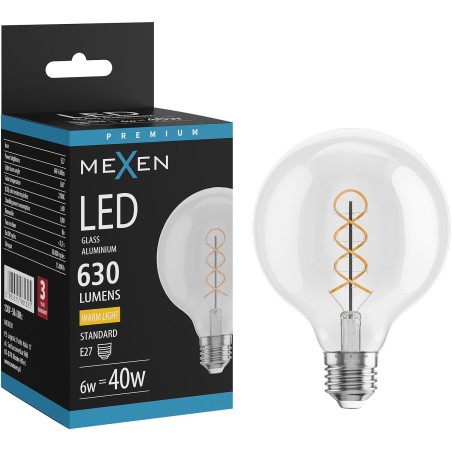 Mexen Vintis żarówka filament spirala LED E27, G95, 6W, Ciepła - 2700K, 630 lm, clear - L167-E27-0627-00