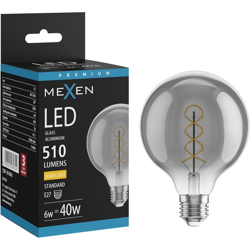 Mexen Vintis żarówka filament spirala LED E27, G95, 6W, Ciepła - 2700K, 510 lm, smoke - L167-E27-0627-70